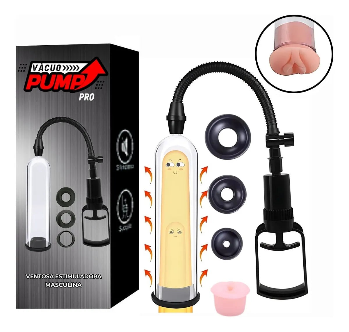 Bomba Peniana Vacuo Pump Pro 18Cm x 4,5Cm Manual - Kit 3 Anéis e Masturbador