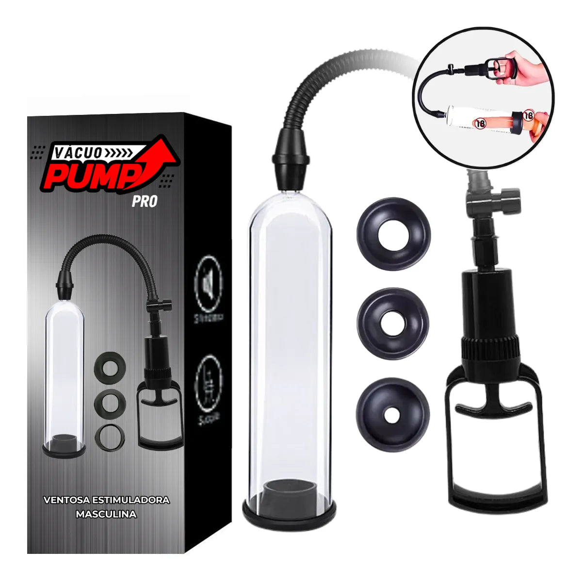 Bomba Peniana Vacuo Pump Pro 18Cm x 4,5Cm Manual - Kit 3 Anéis
