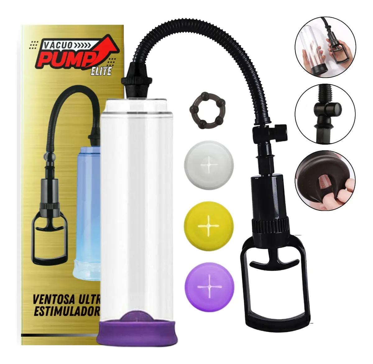 Bomba Peniana Vacuo Pump Elite 22Cm x 6Cm Manual - Kit 3 Anéis