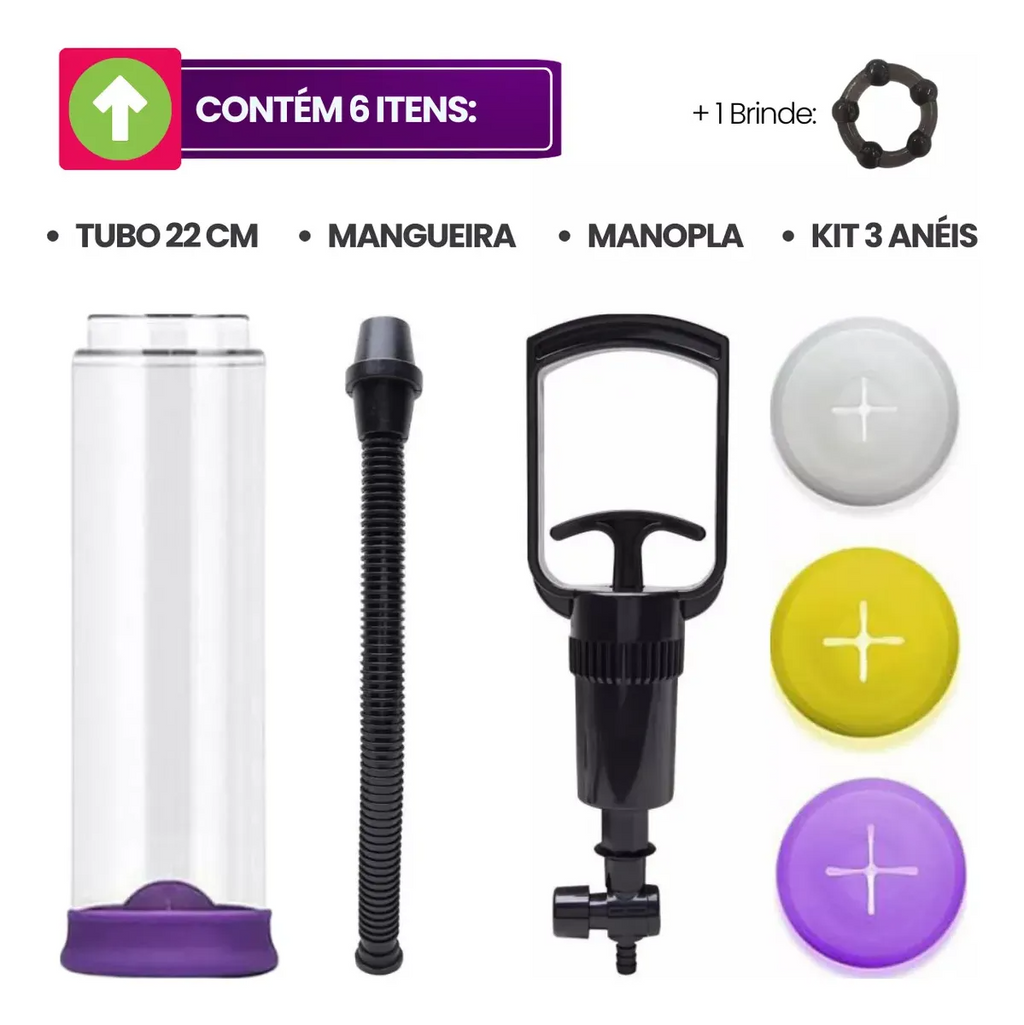 Bomba Peniana Vacuo Pump Elite 22Cm x 6Cm Manual - Kit 3 Anéis