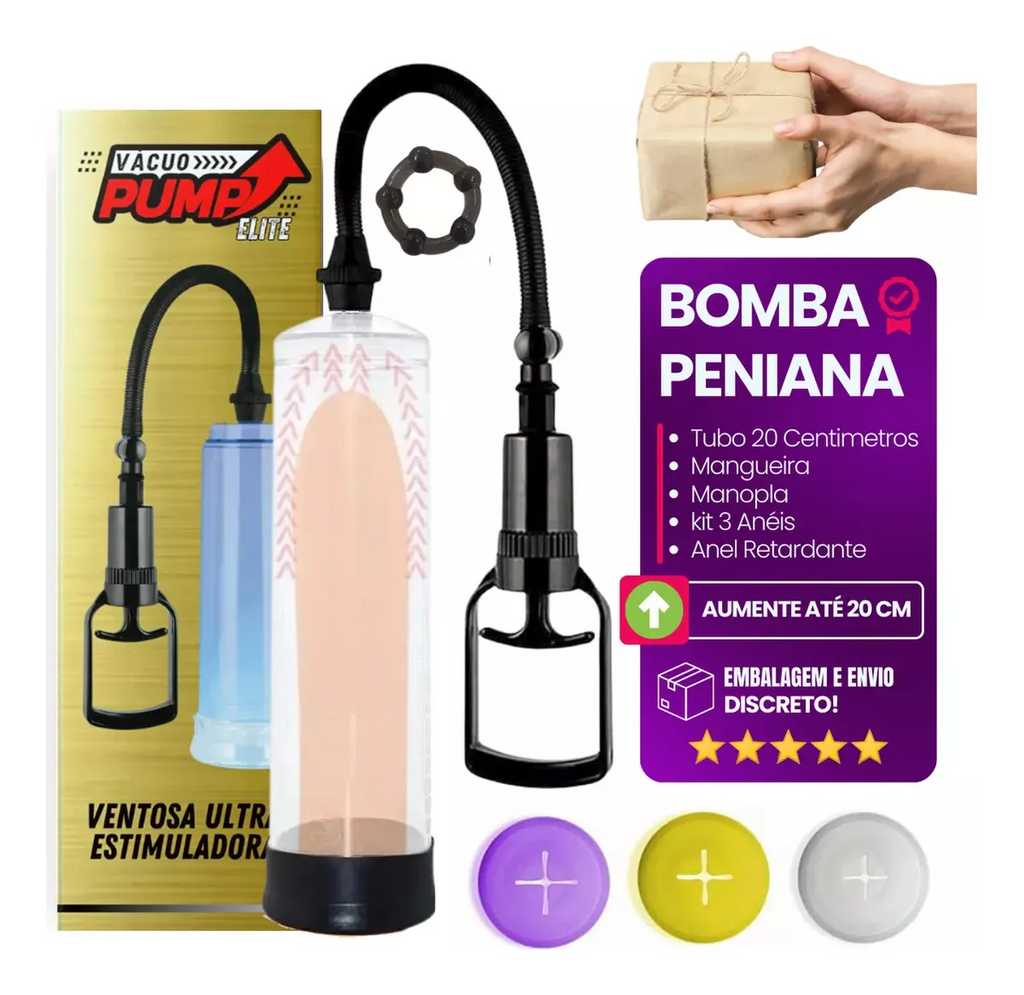 Bomba Peniana Vacuo Pump Elite 22Cm x 6Cm Manual - Kit 3 Anéis