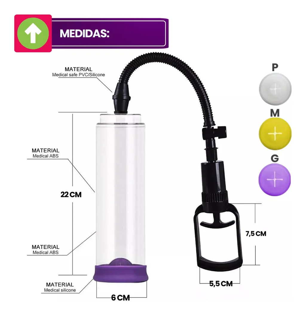 Bomba Peniana Vacuo Pump Elite 22Cm x 6Cm Manual - Kit 3 Anéis
